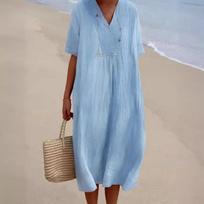 Vintage Summer Loose Women Dress Plus Size Casual Solid V-neck Short Sleeve Dress Woman Fashion Cotton and Linen Elegant Office Lady Dress 1040 S mėlyna