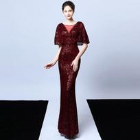Moterų elegantiška undinėlė trumpomis rankovėmis blizgučiai Nuotakos Maxi ilga suknelė Vestuvių nuotakos pamergių vakarėlio suknelės S vyno raudonos spalvos