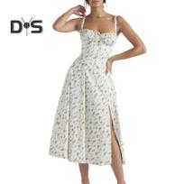 Moteriška elegantiška su petnešėliais suvarstoma suknelė, liekninanti, be rankovių, bandeau, su gėlių raštu, korseto dizaino, su skeltuku šone, midi ilgio XL