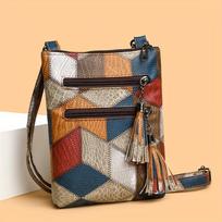 Geometric Pattern Crossbody Bag, Elegant Mini PU Leather Shoulder Bag With Tassel Zipper, Versatile Handbag For Daily Commute & Work