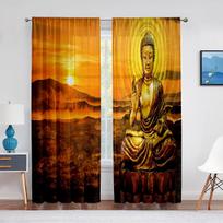 Budistinė Budos statula Auksinė šviesa Saulėlydis Skaidri užuolaida svetainei virtuvės langui miegamojo dekoravimui Tifonas Voile užuolaida W65X60H(cm)X2Pcs&Hook