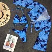 Naujas Tie Dye Bikini Moteriški maudymosi kostiumėliai Moteriški maudymosi kostiumėliai Trijų dalių bikinio rinkinys Halter maudymosi kostiumėlis S mėlyna
