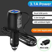 Fonken Mini Micro USB automobilinis įkroviklis 3.5m 5V 3.1A du USB prievadai automobiliniam DVR Dash kamerai GPS vaizdo įrašymo įvestis DC 12V-24V Mini USB Interface juoda
