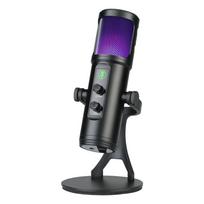 USB kondensatoriaus mikrofonas, kardioidinis mikrofonas su spalvingomis RGB lemputėmis, vienu mygtuko nutildymo ausinėmis realiuoju laiku juoda