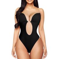 Moterų U formos iškirptės Shapewear be petnešėlių ir nugaros, besiūlis Thong Bodysuit, V formos iškirptės Kūno formuoklis, su pakietinimais liemenėlė, Camisoles, trumpomis rankovėmis viršūnės XL juoda