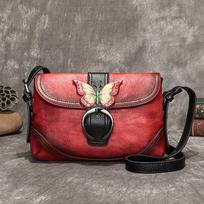 Natūralios odos peties rankinės moterims Rankinės su drugelio reljefu Madingas vintažinis dizainas Crossbody messenger tipo rankinė 23*5*15cm raudona