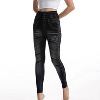 Netikros kišeninės spaudos imitacijos džinsinės antblauzdžiai moteriškos siauros aukšto juosmens pieštuko kelnės Slim Pantalones klubus pakeliančios tamprios kelnės S juoda