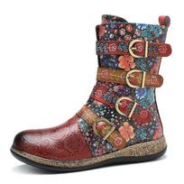 Johnature Retro Broken Flower Oda, susiuvami diržo sagtimi, batai apvaliais pirštais plokščiu dugnu, patogūs moteriški batai 36 raudona