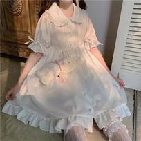Balta Kawaii Lolita suknelė mergaitėms Minkšta princesės fėjos Peter Pan suknelė su apykakle Japoniško stiliaus miela pūstomis rankovėmis vakarėlio suknelė M