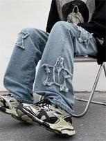 Žvaigždės Rankšluostis Siuvinėjimas Ruda Baggy Moteriški Džinsai Kelnės Y2K Drabužiai Tiesūs Hip Hop Medvilninės Kelnės Pantalon S mėlyna