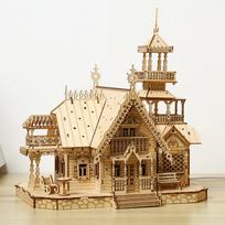 3D medinės dėlionės vilos namas Karališkoji pilis su šviesos surinkimo žaislu vaikui suaugusiems, pasidaryk pats, modelių rinkiniai, stalo puošmena dovanai gelsvai ruda