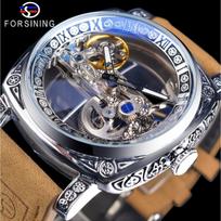Vyriškas „Forsining“ retro raižytas tuščiaviduris automatinis mechaninis laikrodis GMT1235-2-A