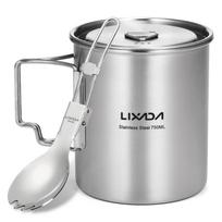 750 ml nerūdijančio plieno puodo nešiojamas vandens puodelis su dangteliu ir sulankstoma rankena lauko stovyklavietėje cup with spoon