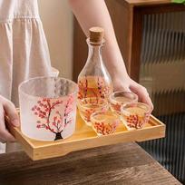 Japoniško stiklo sake rinkinys, vyšnių žiedų raštas, 1 Tokkuri butelis ir 4 ochoko puodeliai Sakura stiklo sake rinkinys 6pcs