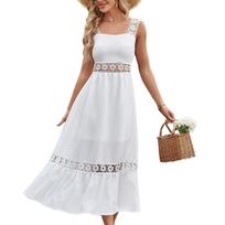 Boho White Dress Women Sexy Midi Dress Female Hollow Out Elegant Off Shoulder Beach Dress Ladies Fashion Square Collar Dress XXL balta
