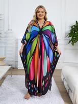 EDOLYNSA 2024 Vintage Butterfly Printed Summer Beachwear Plus Size Women's Kaftan Beach Bikini Cover-ups Hand-knit V Neck Moo Moo Dress Q1588 One Size įvairiaspalvis