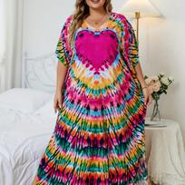 Didelio dydžio Boho paplūdimio užmetamas drabužis, Moteriškas didelis širdies ir spiralės rašto tie-dye, batwing rankovėmis, V formos iškirpte, skeltas, ilgas paplūdimio užmetamas drabužis One-size įvairiaspalvis