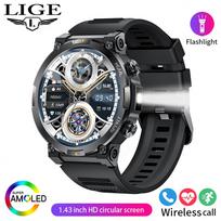 LIGE Naujas AMOLED Bluetooth skambutis Išmanusis laikrodis LED žibintuvėlis Sportas Fitness Sveikatos stebėjimas Atsparus vandeniui Išmanioji apyrankė Dovana vyrams silicone strap juoda