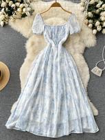Vintage Floral Print  A Line French Women Dress Summer Square Neck Zipper Slim Elegant Dresses Ladies Pleated Lace Up Sexy Slim Dress S balta