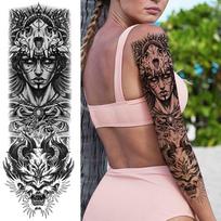 Tribal Totem laikinos tatuiruotės rankovės vyrams Moterys suaugusiems netikros gėlės pečių tatuiruotės lipdukas Juodos kaukolės tatuiruotės didelės visos rankos