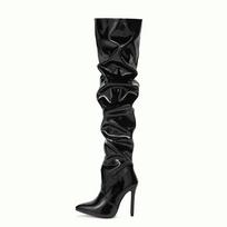 Moteriški batai virš kelių aukštakulniai lakinės odos kietas smailus pirštas, šoninis užtrauktukas Sapatos Femininos 35 juoda