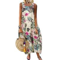 Women Vintage Sleeveless O Neck Leaves Floral Print Cotton Linen Long Baggy XXL tamsiai mėlyna spalva