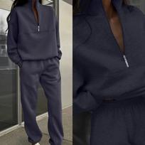 Women Solid Loose Casual Tracksuit Two Piece Sets Autumn Winter Stand Collar Zipper Full Sleeve Hoodie Straight Long Pants Suits S tamsiai mėlyna