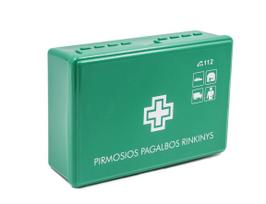 Pirmosios pagalbos rinkinys NAUJA SUDĖTIS plastikinėje dėžutėje (atitinka SAM Nr.V-2876), žalia