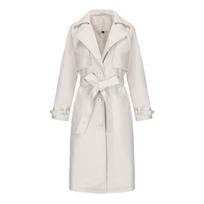 Women's Oversized PU Leather Windbreaker Jacket, Long & Loose with Classic Lapel and Belt for Spring & Autumn L beveik baltos spalvos