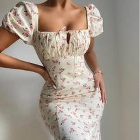 French Vintage Square Neck Ladies Dress Summer Sexy Floral Printed Puff Sleeves Slim Split Dress For Women Robe Femme 25432 S abrikosas