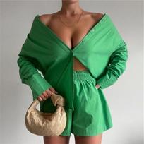 Summer 2 Pieces Suits Outfits For Women Fashion Long Sleeve Shirt And Wide Leg Shorts Set Buttons Casual 2023 Casual Shirt 25929 S žalia