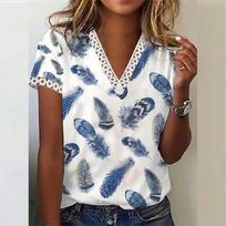 Summer 2023  V-neck Short Sleeve Tops Vintage Lace Shirt Women Print Blouse Causal Loose Fashion Clothes Blusa Mujer 25934 S oriono spalva