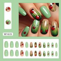 Summer Ladybug French Fake Nails Wear Nail Solid Color Removable Nail Art Cartoon Grass Nail Patch