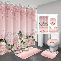 4 vnt. Pink Rose vandeniui atspari dušo užuolaida su 12 kabliukų, neslystantis vonios kilimėlis U formos kilimėlis tualeto dangčio užvalkalas 4PCS