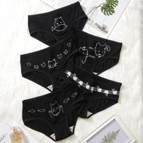 Black Cat Combination Triangle for Girls Cotton Underwear Cute Lingerie Comfortable Mid Waist Panties M