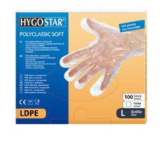 Vienkartinės pirštinės POLYCLASSIC SOFT,LDPE, L dydis, skaidrios, 100 vnt.