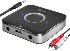 "Aux Bluetooth" adapteris stereo sistemai, SONRU "Bluetooth" imtuvo garso adapteris su "Aux" 3,5 mm RCA kabeliu Dvigubos AUX išvestys automobiliniam radijui ir namų stereo sistemai