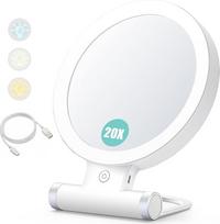 "B Beauty Planet" didinamasis veidrodis su apšvietimu, 20x / 1x dvipusis stalinis veidrodis, 3 spalvų lemputės, reguliuojamas makiažo veidrodis, kelioninis kosmetinis veidrodis su apšvietimu, baltos spalvos