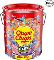 "Chupa Chups Best of Lollipop Bucket", kuriame yra 150 5 skonių ledinukų poparto metalo skardinėje, patogioje laikymo skardinėje, idealiai tinkančioje gimtadieniui ir Kalėdoms 150 x 12g