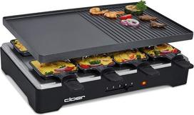 "Cloer 6446 Raclette" kepsninė su lieto aliuminio grilio plokšte, kurią galima naudoti iš abiejų pusių, ir 8 nesvylančiomis Raclette keptuvėmis, 1200 W, juoda