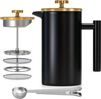 "Enfmay French Press" kavos virimo aparatas, 1 litro talpos, nerūdijančio plieno kavos presas, nešiojamas kavinukas su filtru, dvigubai izoliuotas prancūziškas presas, kavos virimo aparatas kelionėms, stovyklavimui, su šaukštu, juodas