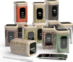 "FINEW" prieskonių indelių rinkinys "Square" - 12 x 200 ml, aukštos kokybės stikliniai prieskonių indeliai, stikliniai indeliai su bambuko dangteliu, sandarūs sandėliavimo indeliai, stiklinis rinkinys su etiketėmis ir žymekliais, indeliai prieskoniams lai