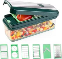 "Genius Nicer Dicer Exclusive" daržovių pjaustyklė 15 dalių kauliukų pjaustyklė + pomidorų pjaustyklių rinkinys, 4 įdėklai + stambi tarka ir pjaustyklė + 2500 ml talpykla, žalia