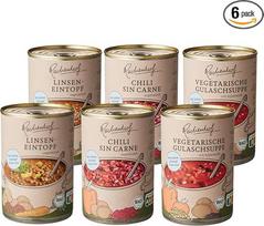 "Reichenhof Easy Vegan Organic Stews" (2 x 400 g), "Chilli Sin Carne" (2 x 400 g), veganiška guliašo sriuba (2 x 380 ml), 6 vnt.