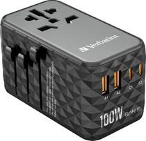 "Verbatim GaN" universalus kelioninis adapteris UTA-06, kištukinis adapteris su 2 USB-A ir 2 USB-C prievadais, greitas nešiojamojo kompiuterio, mobiliojo telefono, fotoaparato ir kt. įkroviklis, kelioninis kištukas visame pasaulyje, 100-250 V
