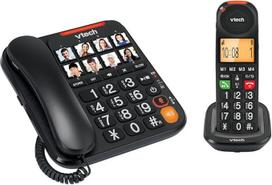 "VTech CL6550" laidinis telefonas su dideliais mygtukais, atsakikliu ir papildomu ragelyje, skambučių blokavimo funkcija, ragelis ir pagrindas su garsiakalbiu, dideliais mygtukais ir dideliu ekranu