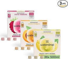 "Waterdrop® Microdrink" šaltos arbatos rinkinys, 36 ledo arbatos lašeliai, be cukraus miltelių, 3 vaisių rūšys: Juodoji arbata + persikas, žalioji arbata + citrina, juodoji arbata + avietė, vertingi vitaminai
