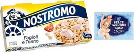 10 pakuočių "Nostromo Tonno e Fagioli Ready Meal" su tunu ir pupelėmis, 2 x 150 g + 1 pakuotė nemokamo talko miltelių "Felce Azzurra", 100 g maišelis