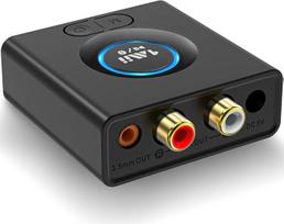 1Mii "Bluetooth 5.0" imtuvas, "Bluetooth" garso adapteris muzikos transliavimo garso sistemai, belaidis garso adapteris su 3,5 mm RCA stereofoniniam garsiakalbiui, žemų dažnių režimas, 12 valandų atkūrimo laikas