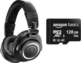 Audio-Technica M50xBT2 Wireless Headphones Black & Amazon Basics - 128GB MicroSDXC Memory Card with SD Adapter A2 U3 100MB/s Max Read Speed - Black